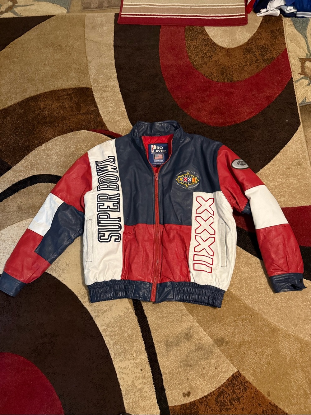 Pro Player Red, White & Blue Super Bowl Leather Bomber Jacket vintage 1999